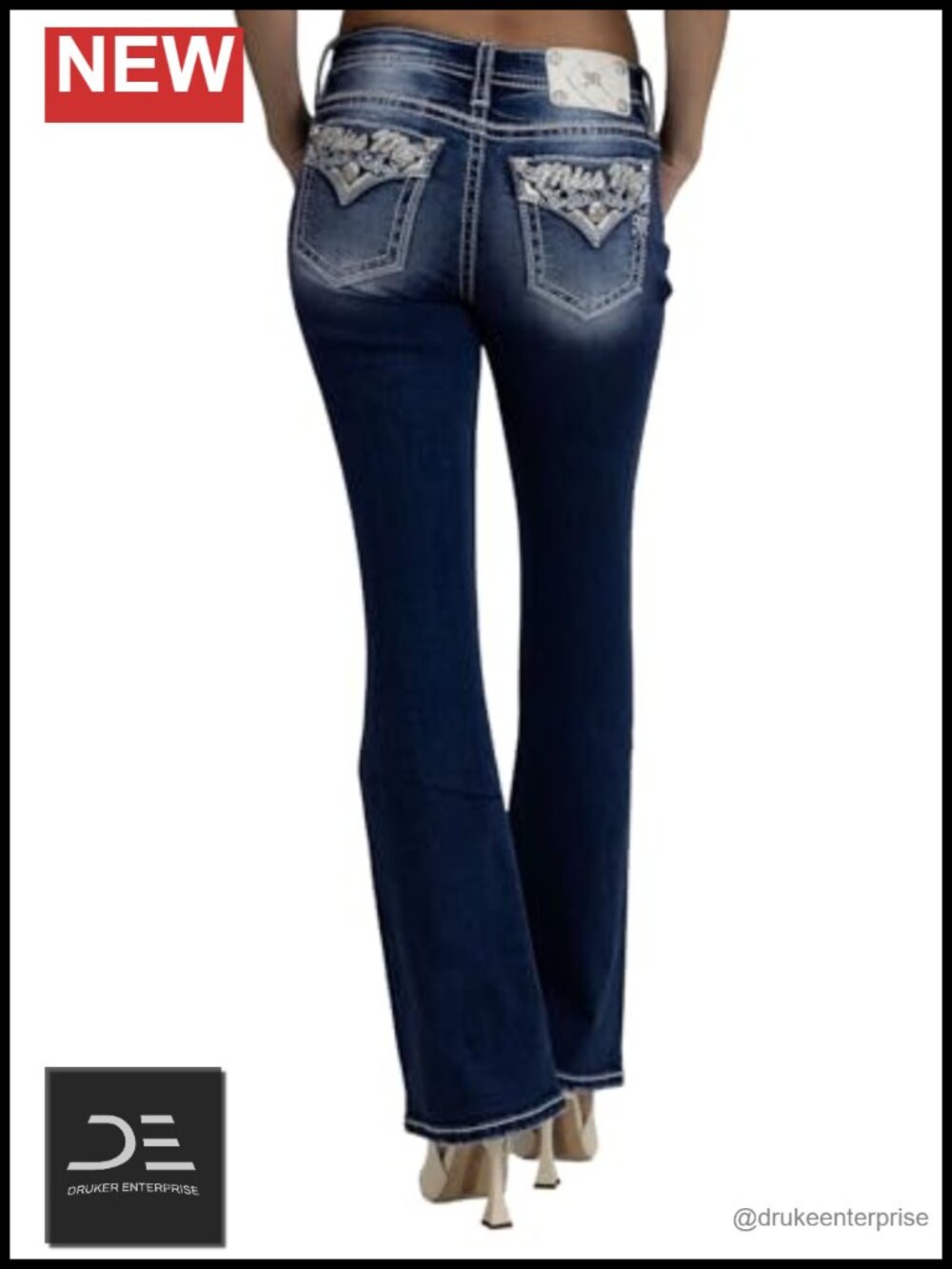 Winged Logo Embellished Faux Flap Pockets Mid-Rise Bootcut Jeans Cotton Blend